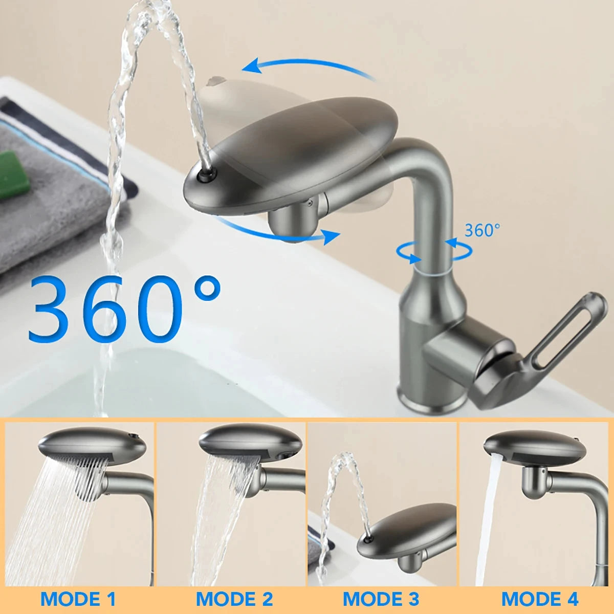 Multi-Functional Waterfall Faucet, 4 Spray Modes, Hot & Cold